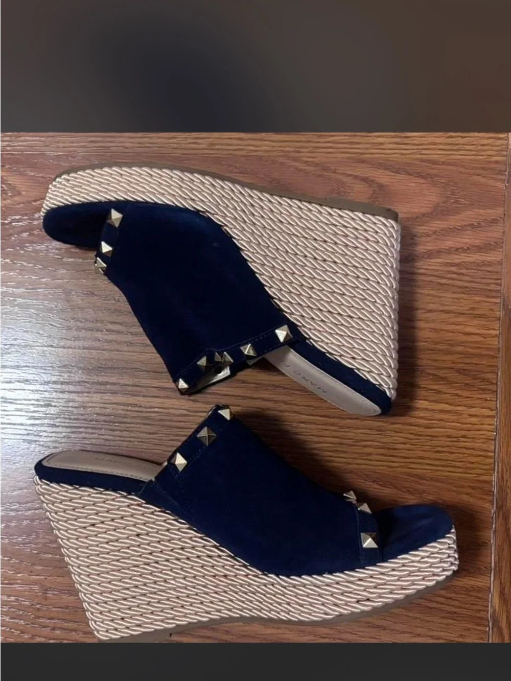 Marc Fisher Navy Suede Studded Espadrille Wedge Mules
